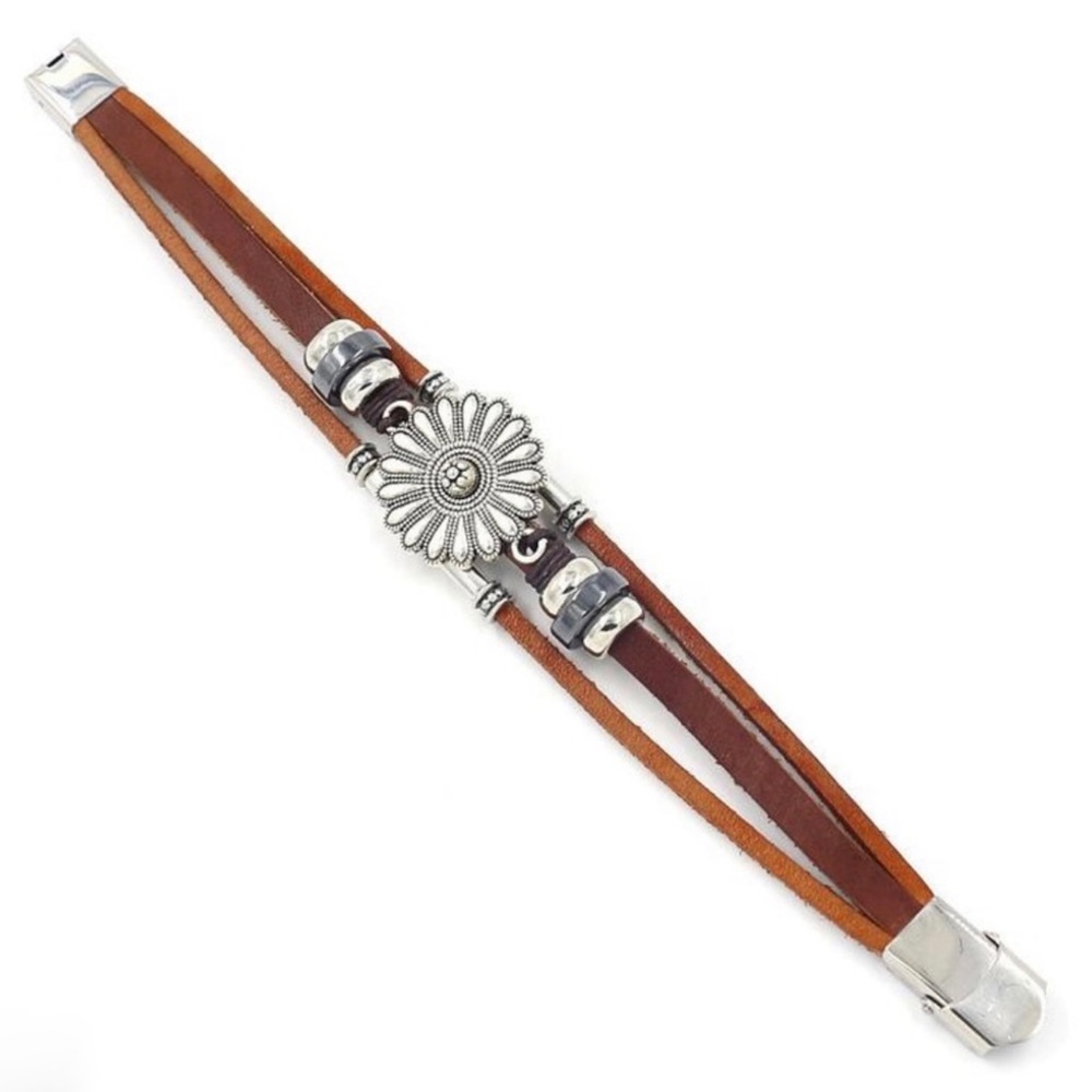 Silver Bohemian Flower Beaded Multi Layer Genuine Brown Leather Bracelet! - Picture 6 of 6